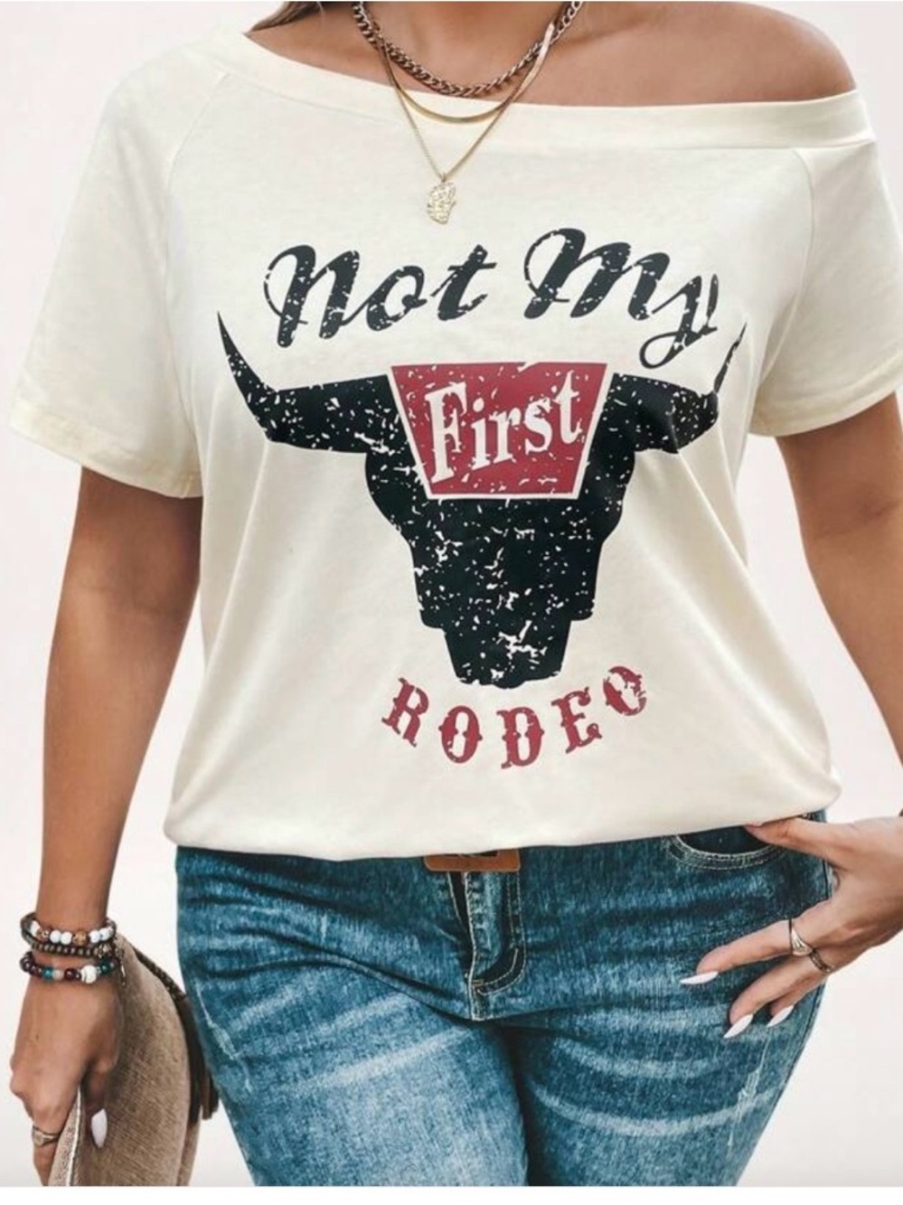 SHEIN Cream Off-Shoulder 'Not My First Rodeo' Graphic Tee